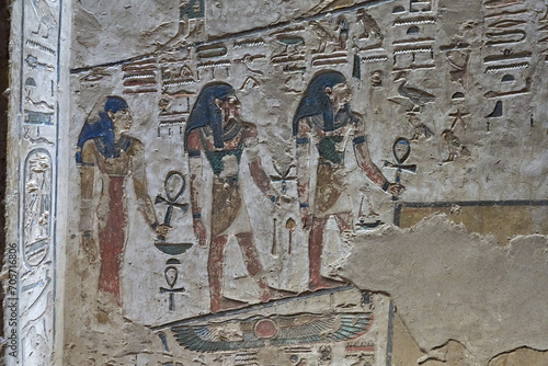 King Seti tomb at the Valley of Kings .Luxor . Egypt. Hieroglyphics in King Seti tomb.wall reliefs showing the Book of Gates in the Tomb of Seti I at Valley of Kings .Luxor . Egypt . photo