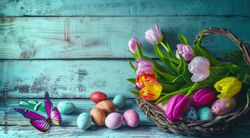 Top view of a nest with eggs in gentle pastel colors and a bouquet of tulips on a wood background