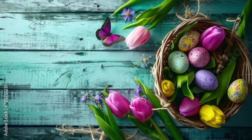 Top view of a nest with eggs in gentle pastel colors and a bouquet of tulips on a wood background