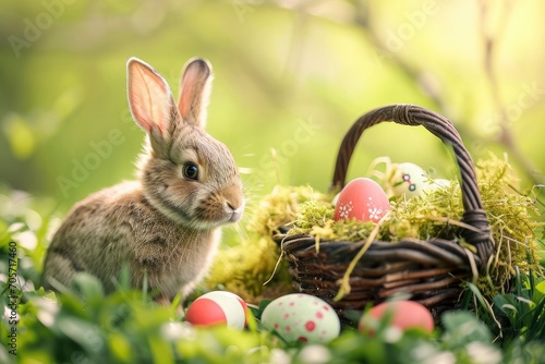 Basket filled with colored easter eggs surrounded by a field and a happy bunny easter