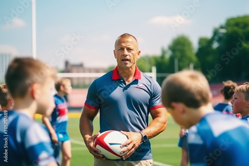 Experienced rugby coach conducts training for junior athletes at the stadium on a sunny summer day. Professional team sports for children. photo