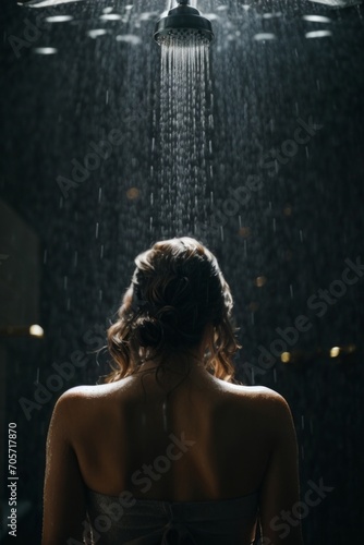 Rear view of a beautiful young woman taking a shower, standing under water pressure in a large shower room. The silhouette of a girl on a black background with copy space.