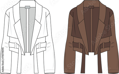 Cropped Trench Coat technical fashion Illustration. Womenswear jacket drawing. 