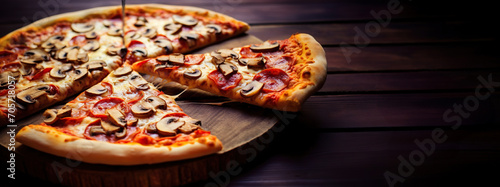 Freshly baked delicious pizza served on a dark wooden table. Copy space