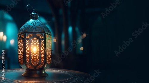 Eid mubarak background with lantern. Banner with free space for text. Ramadan Kareem beautiful glowing lantern on the islamic background.
