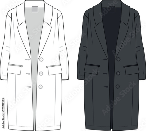 Unisex Long Line, Button-up, Wool Like Coat- Coat technical fashion illustration. Fashion sketch. Flat technical drawing. Vector illustration.