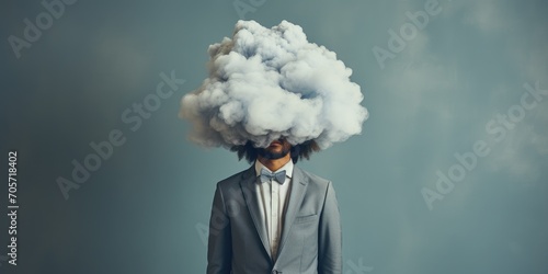A man with his head in a cloud. Theme of depression  loneliness and mental health. Generative AI