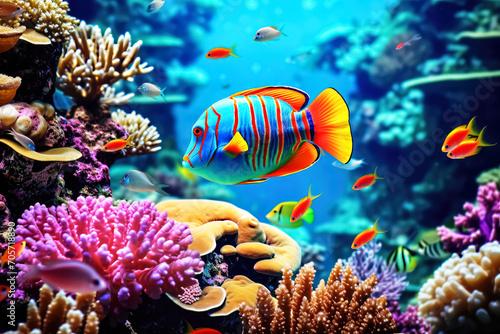 Tropical sea underwater fishes on coral reef, Aquarium wildlife colorful marine panorama landscape nature snorkel diving