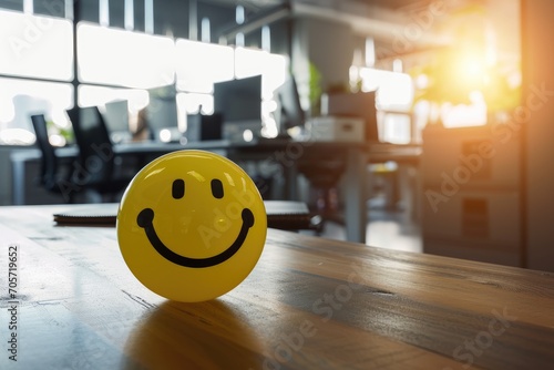 A Yellow Smiling Ball Can Promote a Positive Work Environment. photo