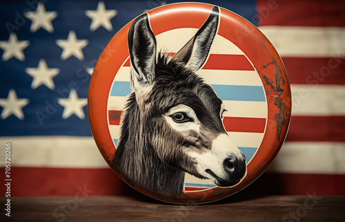 The Democratic Party Mascot. A Donkey on the Old Election Pin Button with the American Flag. Generative AI Image.
 photo