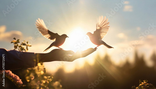 hand free bird fly on hand at nature on sunset background photo