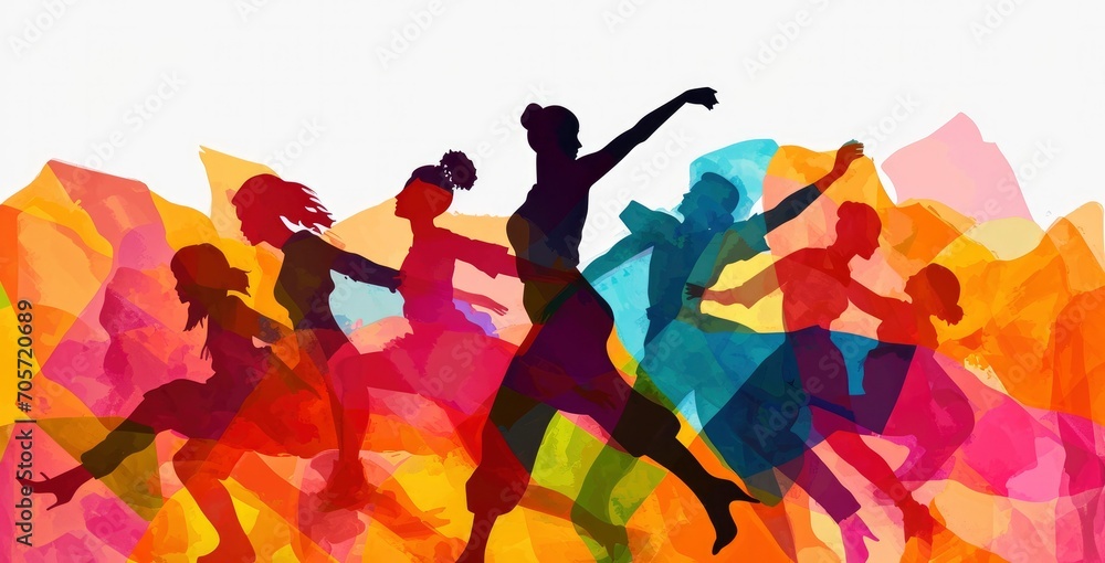 Brightly coloured painted silhouettes of people dancing - obrazy, fototapety, plakaty 