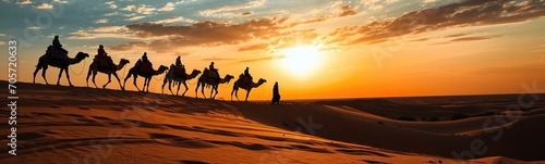 Camels in desert. Banner