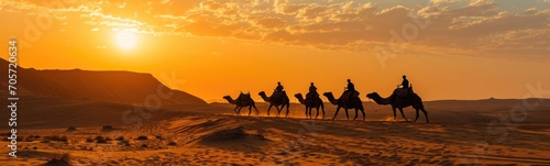 Camels in desert. Banner