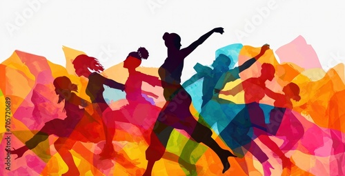 Brightly coloured painted silhouettes of people dancing