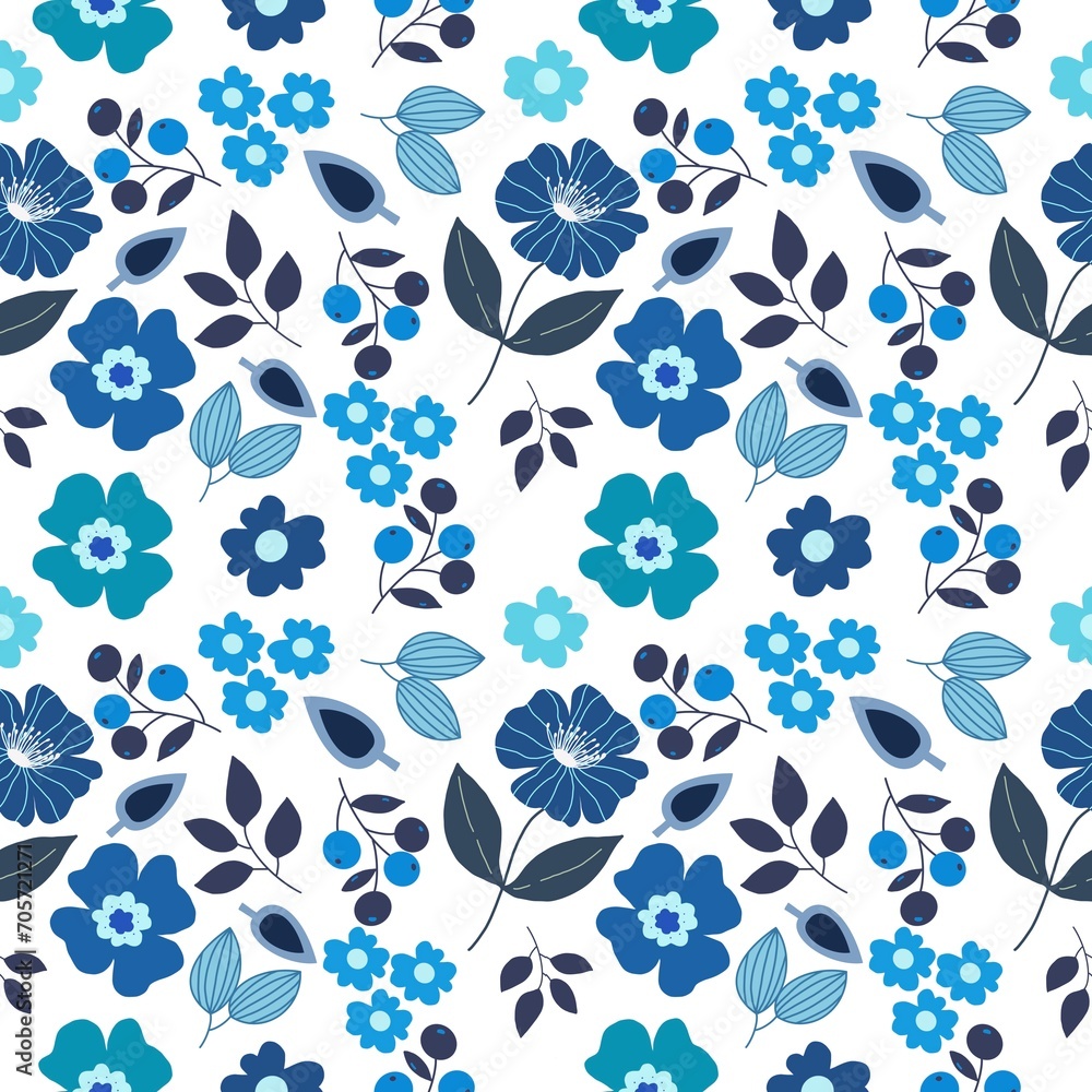 Fototapeta premium Seamless floral pattern.Silhouette of flowers with branches, leaves and berries. Abstract roses, tender pastel colors. Perfect for cotton fabric, texture, paper, shawls.