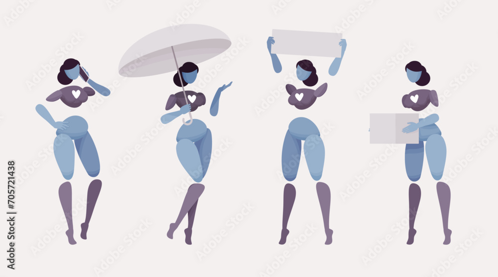Vetor de Embodied AI objects, abstract female figure representing smart ...
