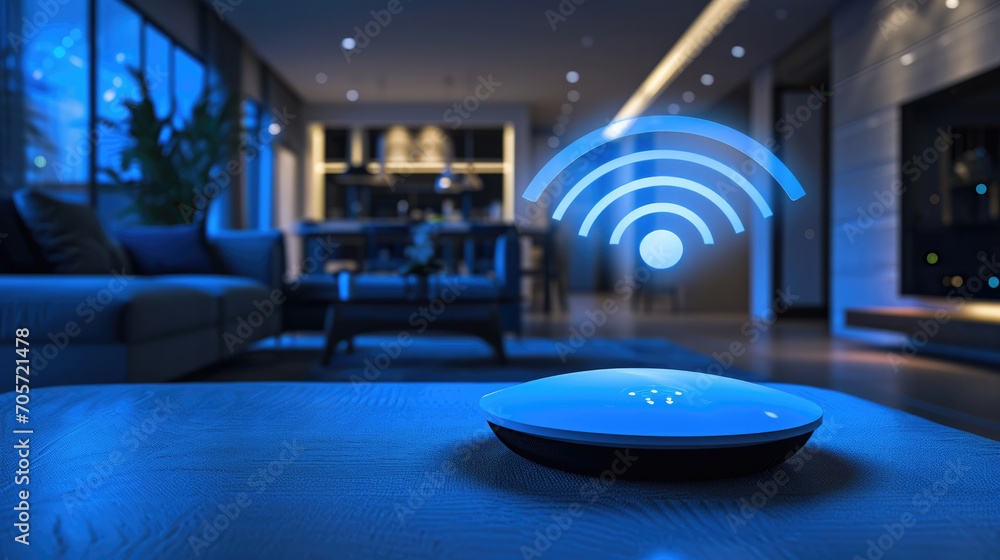 A home router with a wifi icon above it in the background of the room - obrazy, fototapety, plakaty 