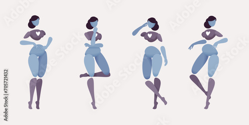 Embodied AI leaning, abstract female figure representing smart speaker chatbot, artificial intelligence visible form, virtual assistant human body digital appearance, minimalistic vector illustration