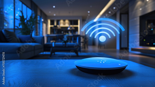 A home router with a wifi icon above it in the background of the room