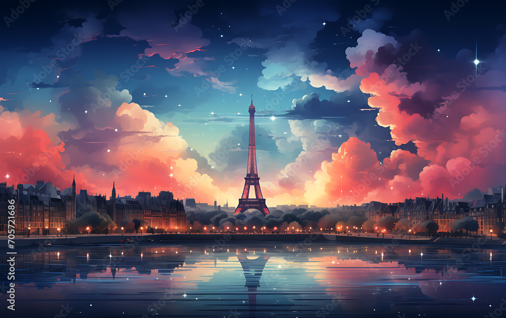 Smooth orange and red light Paris skyline and a tower landscape design