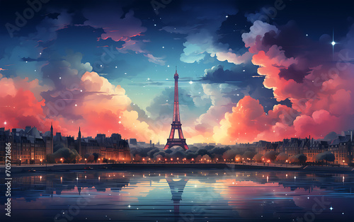 Smooth orange and red light Paris skyline and a tower landscape design