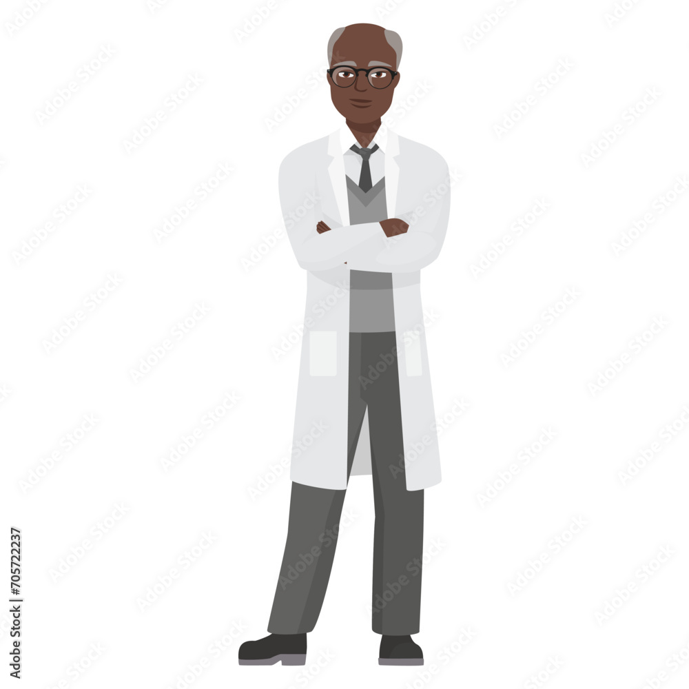 Standing doctor man with crossed arms. Medical hospital worker in uniform cartoon vector illustration