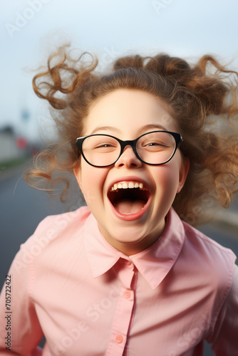 girl syndrome cute laughing young girl in glasses Diversity and positive life concept generative ai