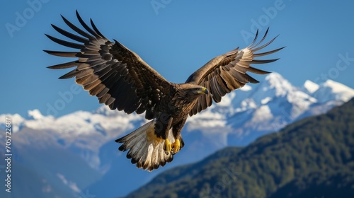 Eagle in Flight with Snow-Capped Mountains Behind