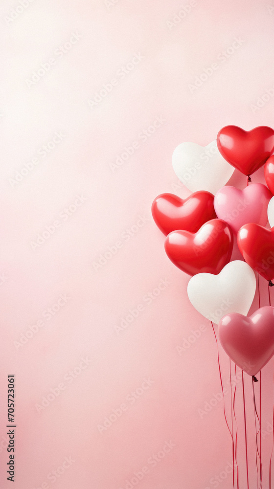 Valentine's day background with heart-shaped balloons on pink background.