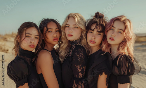 seven young women in black standing on the beach Diversity and positive life generative ai