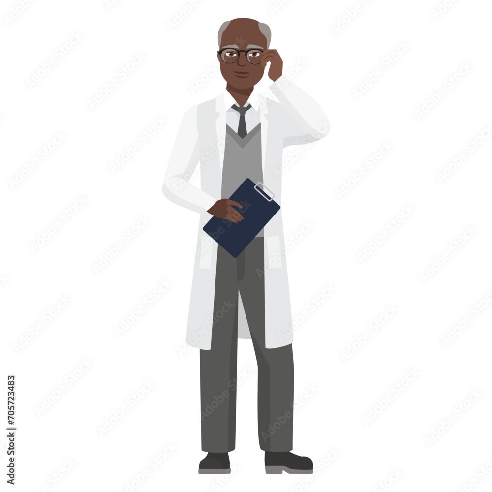 Serious doctor man with analysis clipboard. Hospital clinical worker in white coat cartoon vector illustration