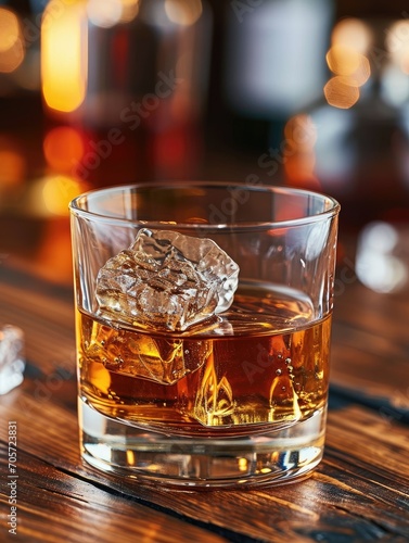 A glass of good whiskey with ice on wooden desk
