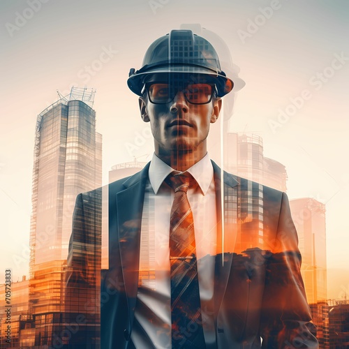 Double exposure of the engineer standing in front of cityscape
