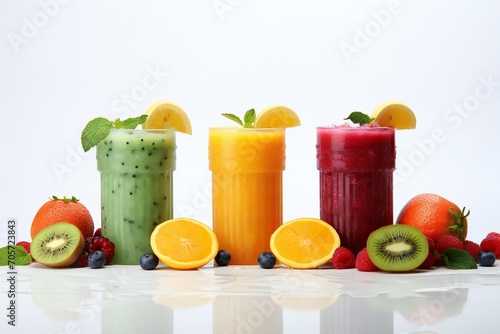 freshly pressed Fruit vegetable juice smoothie with fruits veggie toppings on white background