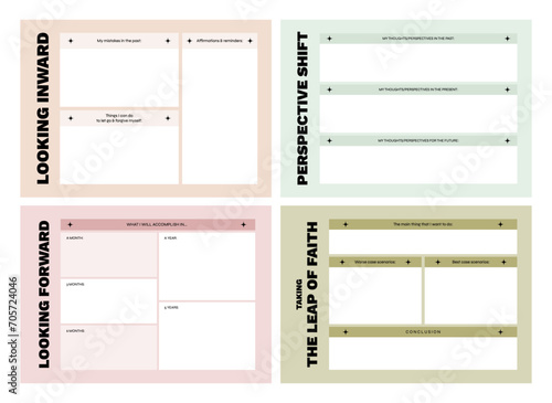 Set of printable vector intention, affirmation, manifestation planner template for journaling