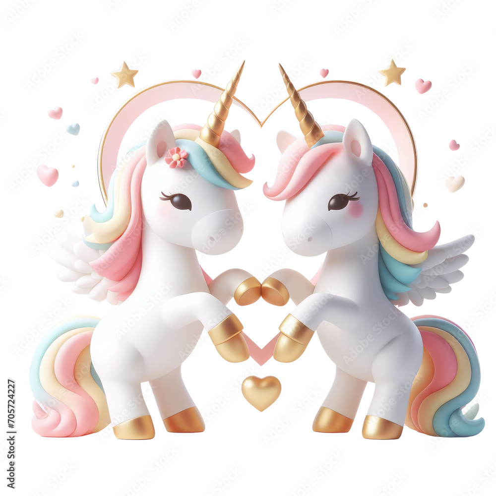 Unicorn couple in love and making hand heart isolated on transparent background. Conceptual illustration of love and affection.