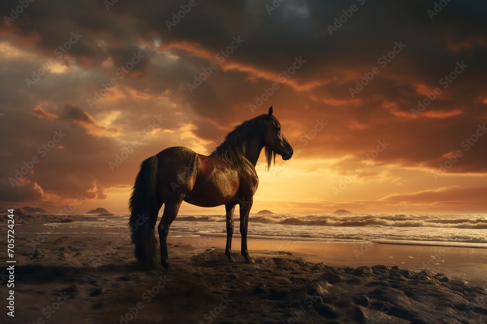 A brown horse standing on top of a sandy beach under a cloudy blue and orange sky with a sunset A brown horse standing on top of a sandy beach under a cloudy blue and orange sky with a sunset