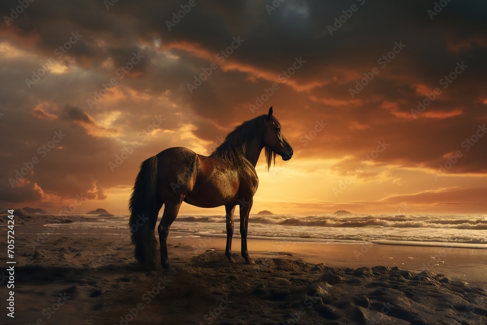 A brown horse standing on top of a sandy beach under a cloudy blue and orange sky with a sunset