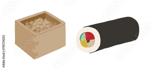 升に入った豆と恵方巻の節分のベクターイラスト