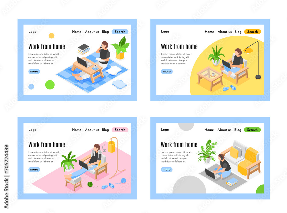Work from home landing pages in isometric view
