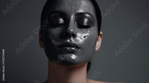 Preparing cosmetic black mask on gray background, generative ai