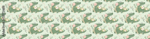 Cute crocodile with flowers pattern seamless isolated. Children style. Light pastel green background. Generative AI.