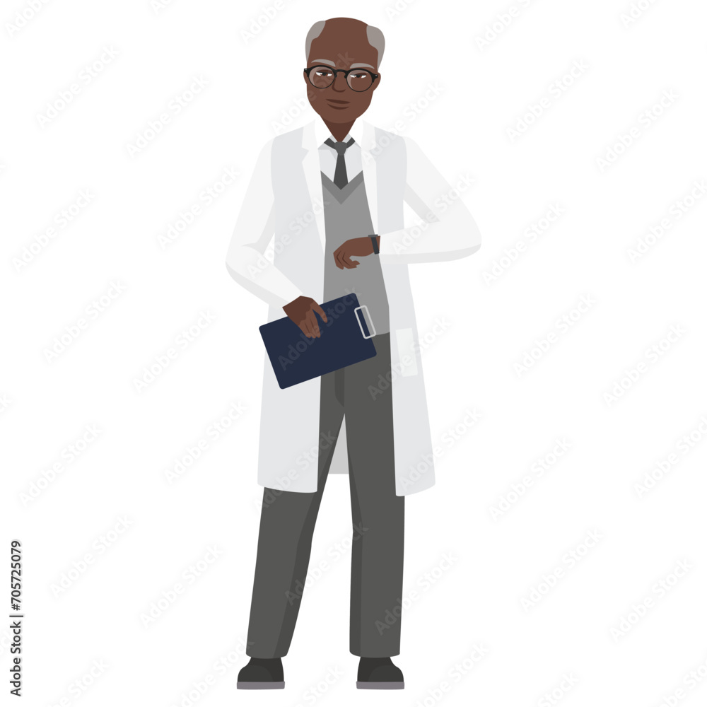 Doctor man looking at watch. Busy hospital worker with analysis clipboard cartoon vector illustration
