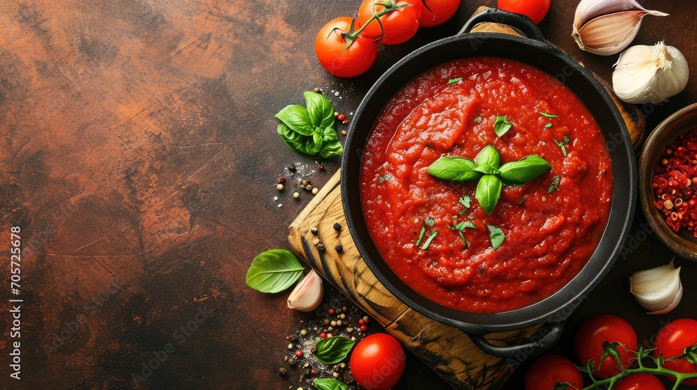 Classic homemade Italian tomato sauce with basil for pasta and pizza in the pan on a wooden chopping board on brown background, top view. - obrazy, fototapety, plakaty 