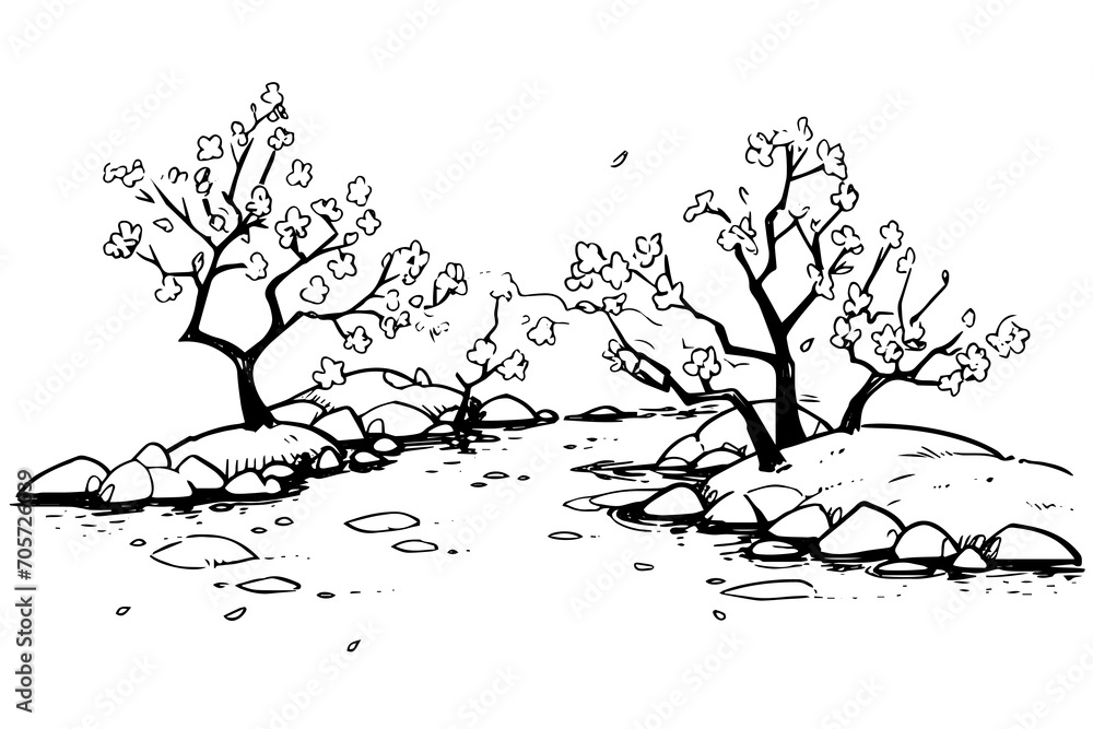 Minimalistic sakura tree landscape hand drawn ink sketch. Engraved style vector illustration.