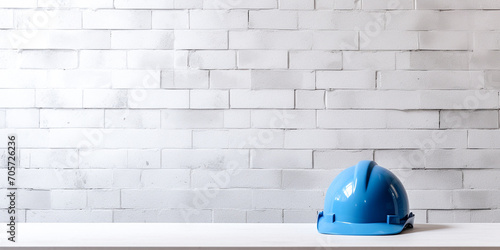 A blue protective helmet lies on a table against a background of a white brick wall. Blue hard hat isolated on white background. Concept of construction, repair and safety rules photo