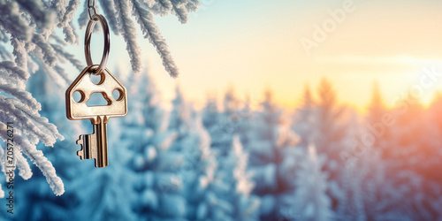 The key on a keychain for a new house hangs on a tree branch against the backdrop of a winter forest on a sunny day. Concept of mortgage, investment, purchase of real estate, house, apartment © Irina