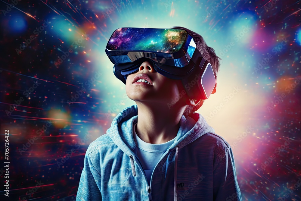 Child experiencing virtual reality with a VR headset, surrounded by a magical cosmos of planet stars and sky lights. Child experiencing virtual reality with a VR headset, surrounded by a magical cosmos of planet stars and sky lights.