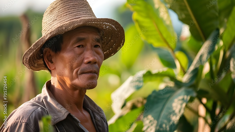 Asian senior male farmer working in tobacco plantation